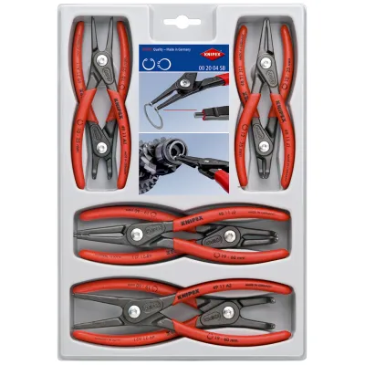 KNIPEX Präzisions-Sicherungsringzangen-Set 00 20 04 SB | 8-teilig | für Innen- & Außenringe Ø 10-60 mm | Metall | Rot