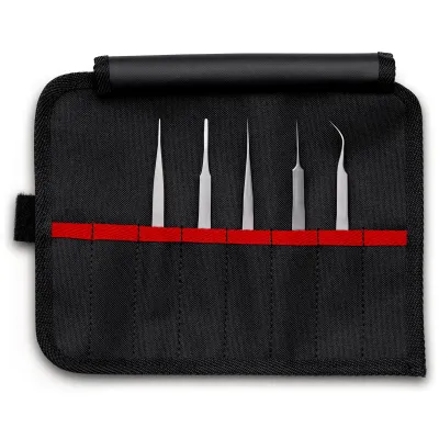 KNIPEX Präzisionspinzetten-Set 92 00 02 | 5-teilig | Edelstahl | antimagnetisch | ESD | SMD | isoliert | Rolltasche