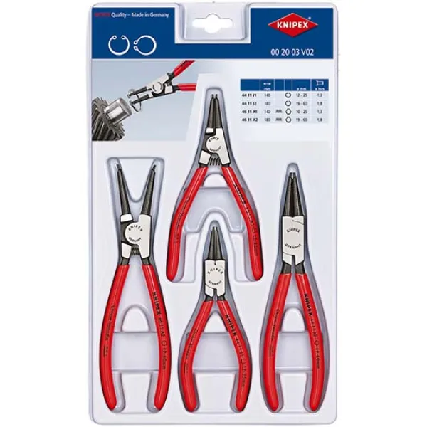 KNIPEX Sicherungsringzangen-Set 00 20 03 V02 | 4-teilig | Für Innen- & Außenringe Ø 10–60 mm | Kunststoffbox