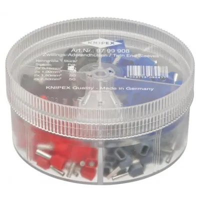 KNIPEX Sortimentsbox | 97 99 908 | Twin-Aderendhülsen 200 Stück | isoliert | DIN Farbcode | Ø90x44mm | Mehrfarbig