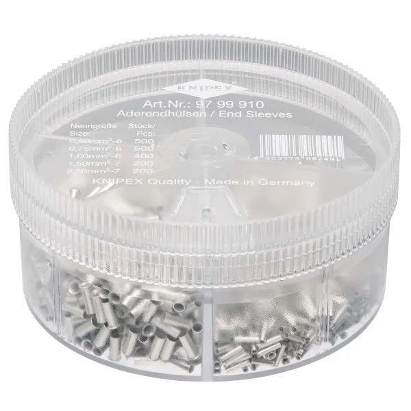 KNIPEX Sortimentsbox 97 99 910 | 1.900 unisolierte Aderendhülsen | 0,5–2,5 mm² | stapelbar, transparent | Kunststoff