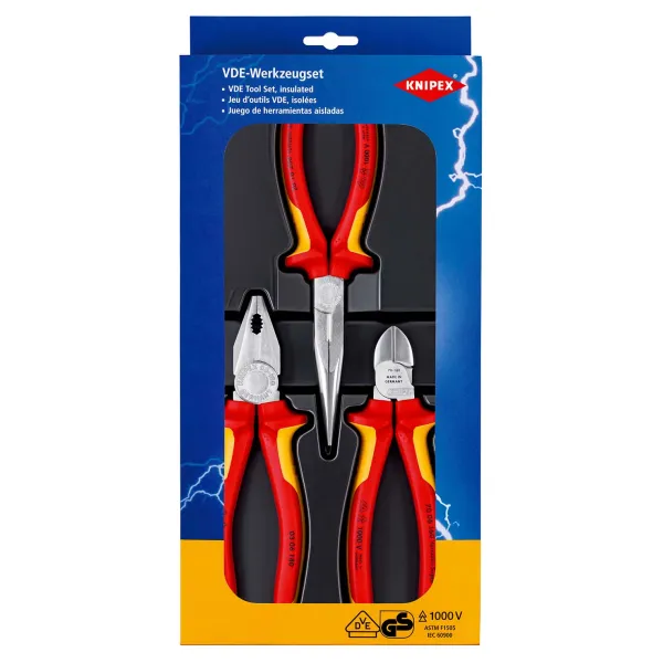 KNIPEX Zangenset 00 20 12 | VDE Werkzeugsatz 3-teilig | verchromt | Mehrkomponenten-Griff