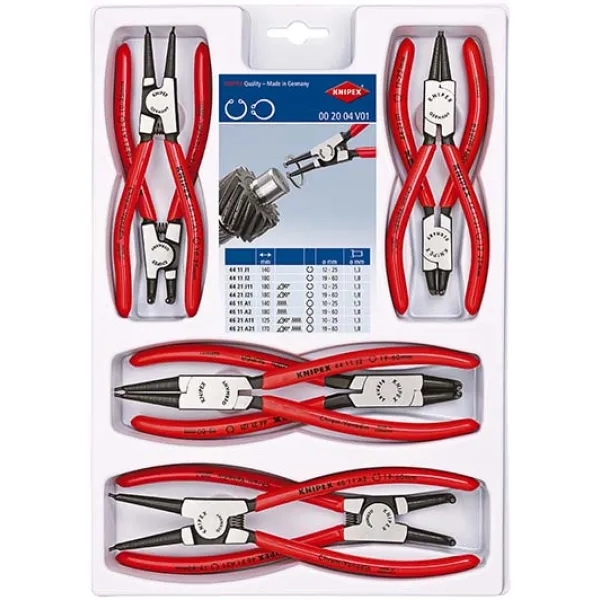 KNIPEX Sicherungsringzangen-Set 00 20 04 V01 | 8-teilig | für Innen- & Außenringe | gerade & abgewinkelt | Kunststoffbox