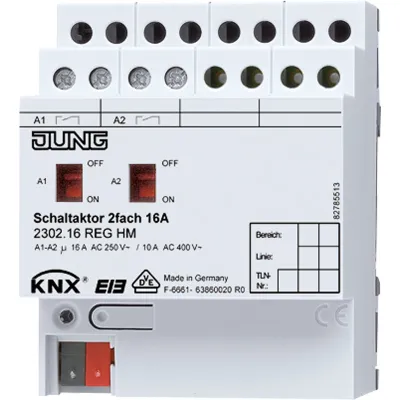 JUNG KNX Schaltaktor 2302.16REGHM | 2-fach | 16A | REG 4TE | Busankoppler | Handbedienung | Statusanzeige