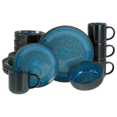 Creatable Kombiservice Nordic Fjord 16-tlg. | Steinzeug Essgeschirr-Set | spülmaschinengeeignet | blau/schwarz