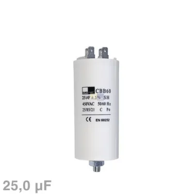 Kondensator 25µF 450V universal mit Steckfahnen und Befestigungsschraube CBB60