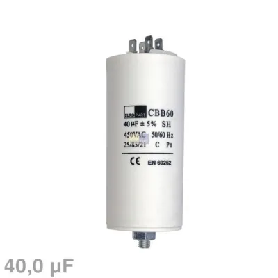 Kondensator 40,00µF 450V Universal mit Steckfahnen und Befestigungsschraube