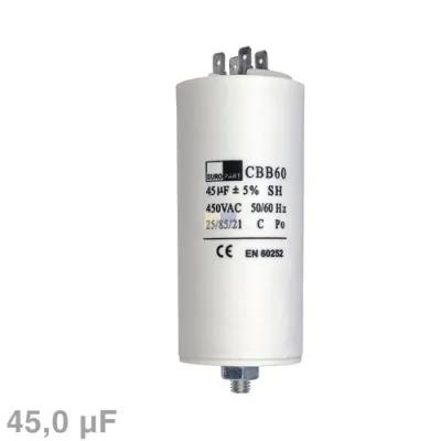 Kondensator 45,00µF 450V Universal mit Steckfahnen und Befestigungsschraube