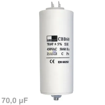 Kondensator 70µF 450V universal mit Steckfahnen Befestigungsschraube CBB60