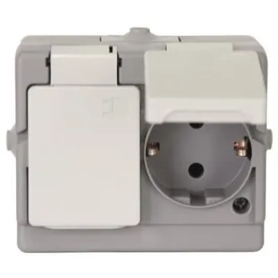 Kopp Schutzkontakt-Steckdose 2-fach 130248006 | Aufputz Feuchtraum IP44 | waagerecht | Klappdeckel | 16A 250V | grau