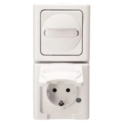 Kopp Steckdosen-Schalter-Kombination 2-fach senkrecht | Aufputz Feuchtraum IP44 | Beschriftungsfeld | arktisweiß