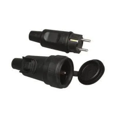 Kopp Gummi-Steckverbindungs-Set | Schuko Stecker & Kupplung | IP44 | 16A | 3x2,5mm² | spritzwassergeschützt | schwarz