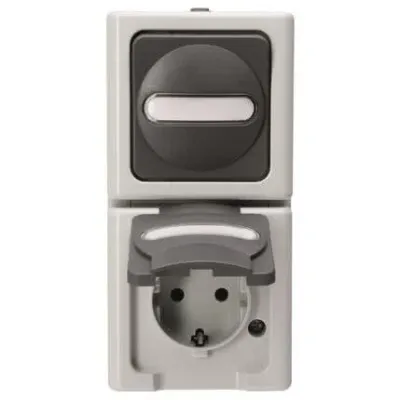 Kopp Kombination Schalter-Steckdose 130856009 | Aufputz Feuchtraum IP44 | Wechselschalter beleuchtet | grau