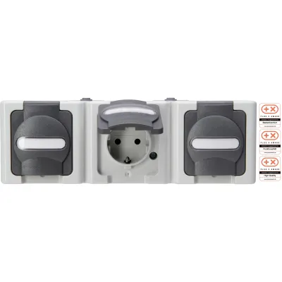 Kopp Schutzkontakt-Steckdose 3-fach waagerecht 131356005 | IP44 Feuchtraum | Klappdeckel | Beschriftungsfeld | grau