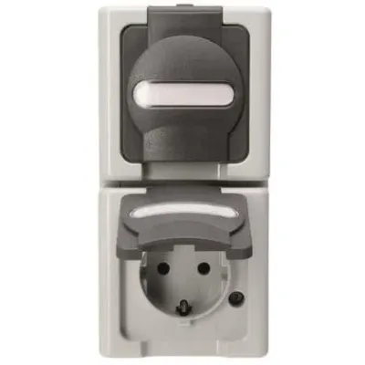 Kopp Steckdose 2-fach senkrecht 131456008 | Schutzkontakt | Aufputz Feuchtraum IP44 | Klappdeckel | grau | Blue Electric