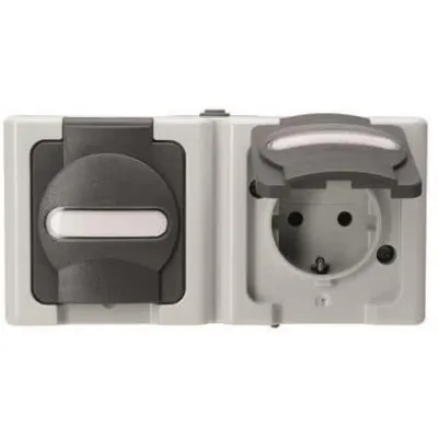 Kopp Schutzkontakt-Steckdose 2-fach 131256002 | Aufputz Feuchtraum | IP44 | waagerecht | Klappdeckel | grau