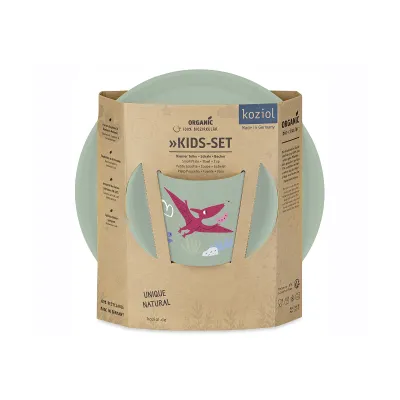 Koziol Kindergeschirr Set Rex 3-teilig | Dinosaurier Motiv | Bio-Circular | robust & spülmaschinengeeignet