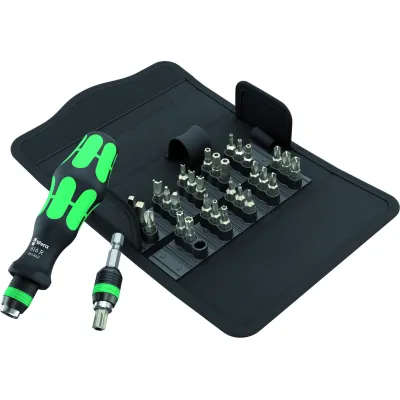 Wera Bit-Set Kraftform Kompakt 71 Security 32-tlg. | 30 Bits | Magnethalter | Bit-Knarre | Tasche | schwarz/grün