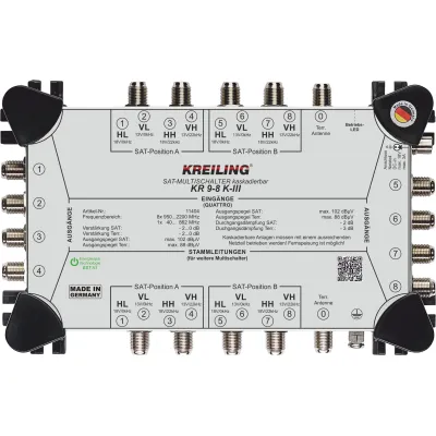 Kreiling Multischalter KR 9-8 K-III | kaskadierbar | 2 SAT | 9 Eingänge | 8 Ausgänge | ohne Netzteil | für 8 Teilnehmer