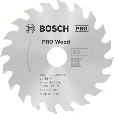 Bosch Kreissägeblatt 2608643071 Optiline Wood | Ø 85 mm | 20 Zähne | 15 mm Bohrung | Hartmetall | für Holz | silber