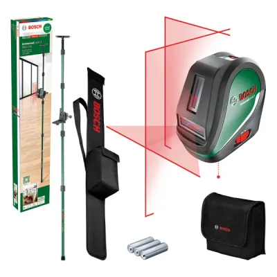 Bosch Kreuzlinienlaser UniversalLevel 3 Maxi Set | 10m Reichweite | ±0,5mm/m Genauigkeit | Teleskopstange | grün