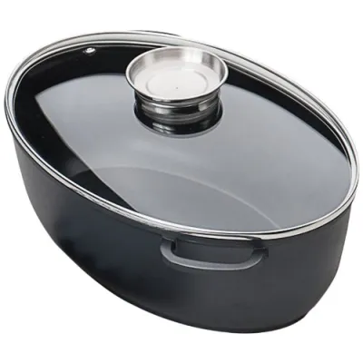 KRÜGER Gänsebräter Leipzig 23042 | Aluguss | 42x33 cm | Antihaft | Glasdeckel mit Aromaknopf | 11L | Schwarz