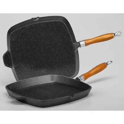 KRÜGER Steakpfanne Rustica 63028 | Gusseisen 28x28 cm | induktionsgeeignet | Kirschholzgriff | schwarz-matt