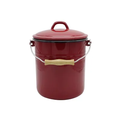 KRÜGER Mülleimer M5R | Emaille mit Deckel | 5 Liter | schnitt- & kratzfest | Holzgriff | leicht zu reinigen | rot