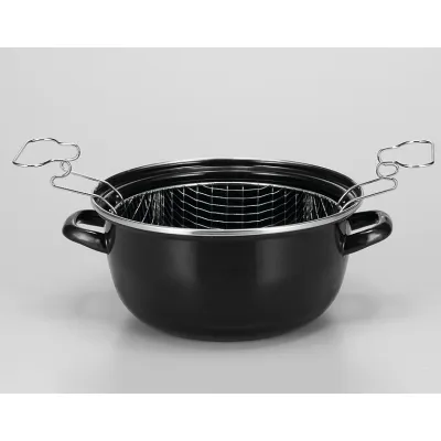 KRÜGER Pommes-Frites-Topf PF 24 | 24 cm | emailliert | 4 Liter | Induktion geeignet | Frittierkorb | schwarz