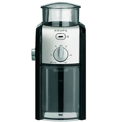 Krups Kaffeemühle GVX242 | Scheibenmahlwerk | 17 Mahlgrade | 2–12 Tassen | Edelstahl schwarz/chrom | 200g | 100W