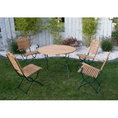 FRG Gartenmöbel Set Kurgarten BAD TÖLZ 5-teilig | Klappbar | Flachstahl moosgrün | Robinienholz | Rundtisch 100 cm