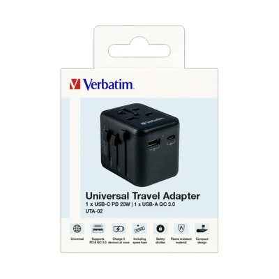 Verbatim Universal-Reiseadapter UTA-02 49544 | 100-250V | USB-A QC 3.0 | USB-C PD | für 180 Länder | schwarz