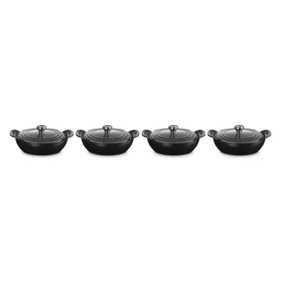 Le Creuset Mini-Cocotte 4er-Set 13 cm | Gusseisen Bräter | Schwarz matt | 300 ml | mit Deckel | Gourmand Collection