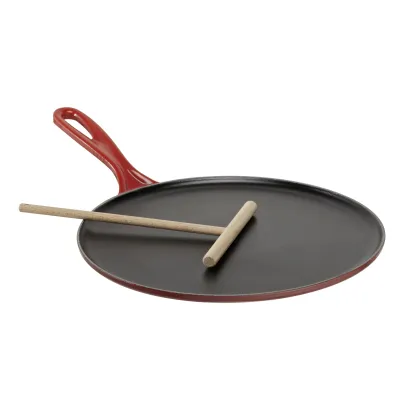 Le Creuset Crepespfanne 27cm | Gusseisen Crêpes-Pfanne Induktion | Emaille | Holzschieber | kirschrot