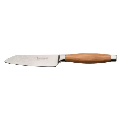 Le Creuset Santokumesser 13 cm | Damaststahl 64-lagig | Olivenholzgriff | extrem scharf | Solingen | Holz