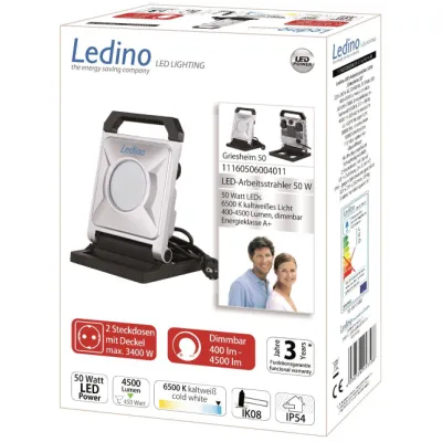 LEDINO Baustrahler Griesheim IP54 50W dimmbar 400-4500lm 6500K 2xSchuko