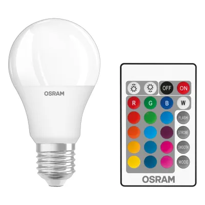 OSRAM LED Lampe E27 RGBW 9W 806lm | Fernbedienung | dimmbar | warmweiß 2700K | A60 Birnenform | mattiert | weiß
