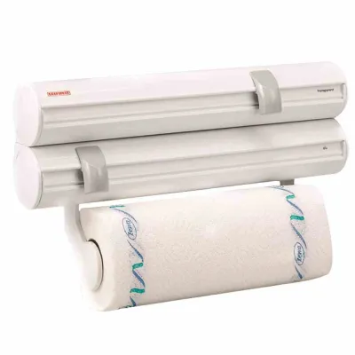 Leifheit Wandrollenhalter Rolly Mobil 25795 | Küchenrollenhalter für 3 Rollen | Edelstahlmesser | abnehmbar | weiß/grau