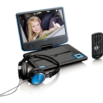 LENCO Tragbarer DVD-Player DVP-910 | 9 Zoll 16:9 klappbar | USB | Akku | KFZ-Adapter | Lautsprecher | Kopfhörer | Blau