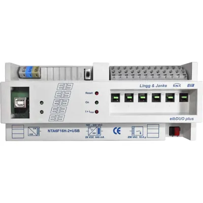 Lingg&Janke Netzteil-Aktor NTA6F16H-USB-2 | KNX | 6-fach | 16A | 640mA | Handbedienung | USB | REG | C-Last | 32 Szenen