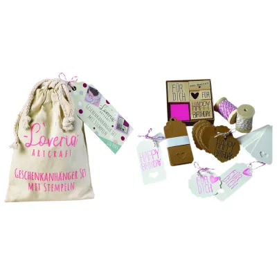 Loveria Geschenkanhängerset 100-teilig | Geschenkanhänger & Stempelset | Kraftkarton & Weiß | inkl. Kordel, Stoffbeutel