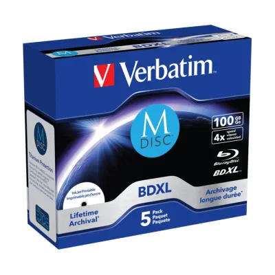 Verbatim Blu-ray M-DISC BD-R XL 43834 | 100GB | 1-4x | Jewelcase 5er Pack | Inkjet Printable | Weiß