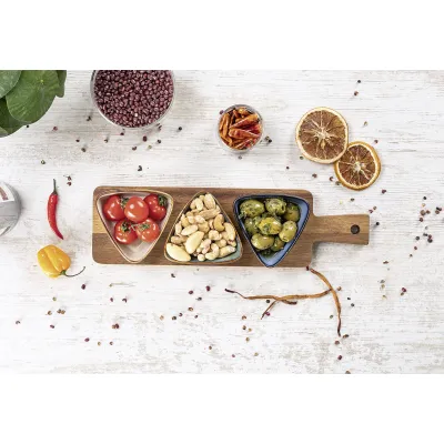 MORITZ&MORITZ Dipschalen-Set 4-teilig | Akazienbrett | 3 Steinzeug-Schalen | FSC-zertifiziert | Geschenkbox