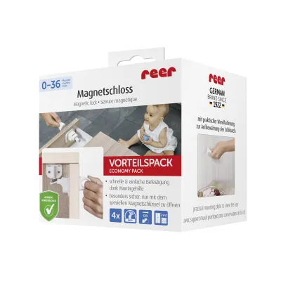 Reer Magnetschloss Vorteilspack 51020 | Kindersicherung Schrank & Schublade | 4 Stück | Weiß | inkl. Magnetschlüssel