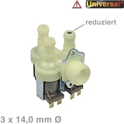 Magnetventil dreifach 90° 14,0mmØ mit Reduzierung für Waschmaschine