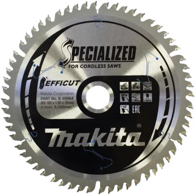 Makita Kreissägeblatt B-69864 EFFICUT | 165x20 mm | 60 Zähne | für Akku-Kapp- & Gehrungssägen | Holz | Grau