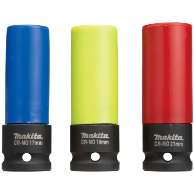 Makita Steckschlüssel-Set E-12354 | 3-tlg. 1/2 Zoll | Felgenschutz | 17/19/21 mm | schlagschraubergeeignet | farbkodiert