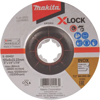Makita Schruppscheibe E-00402 | 125x6mm INOX | Winkelschleifer X-LOCK | Edelstahl | Korn WA36N | Bohrung 22,23mm