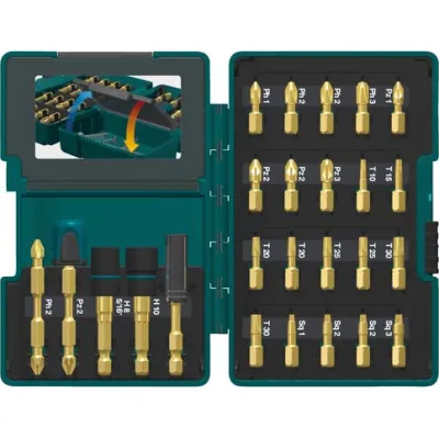 Makita Torsion Bit-Set B-49921 | 26-tlg. Bitset 1/4 Zoll | Impact Bits PH PZ T SQ Torsionsbits | 25 mm | Magnethalter