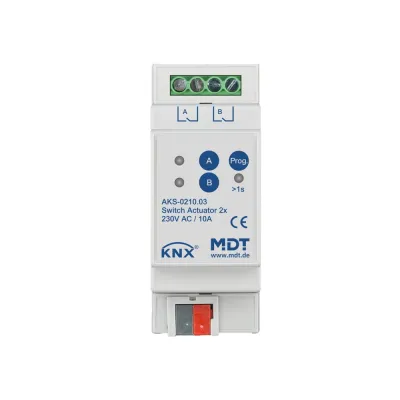 MDT Schaltaktor AKS-0210.03 | KNX REG 2-fach 2TE | 10A 230V AC | C-Last bis 140µF | 2 Ausgänge | LED-Anzeige | IP20